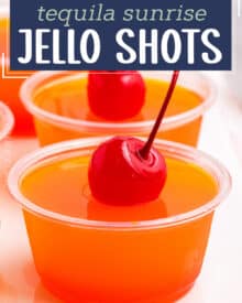 Sweet and fruity, these Tequila Sunrise Jello Shots are a fun way to enjoy a classic summer cocktail... in Jello shot form! Perfect for any summer party, you'll love how easy these are to make, with only 5 ingredients.