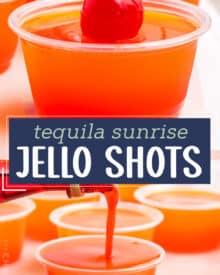 Sweet and fruity, these Tequila Sunrise Jello Shots are a fun way to enjoy a classic summer cocktail... in Jello shot form! Perfect for any summer party, you'll love how easy these are to make, with only 5 ingredients.