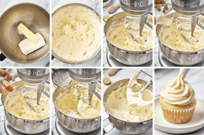 step by step photos of how to make lime cream cheese frosting for cakes and cupcakes