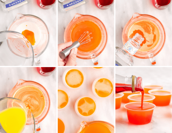 step by step photos of how to make tequila sunrise jello shots