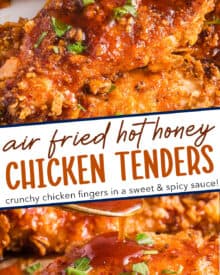 Juicy chicken tenders are coated with a crunchy cornflake breading, air fried until perfectly golden, then liberally drizzled with a sweet and spicy homemade hot honey sauce!