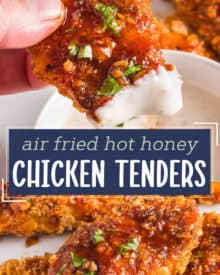 Juicy chicken tenders are coated with a crunchy cornflake breading, air fried until perfectly golden, then liberally drizzled with a sweet and spicy homemade hot honey sauce!