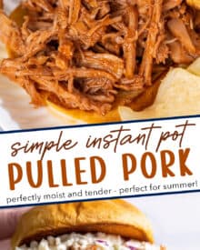 This instant pot pulled pork is succulent and tender, and goes perfectly with your favorite bbq sauce! Made with a savory and sweet spice rub, this pulled pork is perfect for a crowd, fantastic on a bun, and so much more.