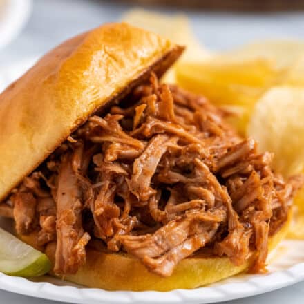 brioche bun filled with pulled pork, on a white plate with potato chips and a pickle spear.