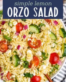 This light and easy to make lemon orzo salad is the perfect make-ahead pasta salad. Made with a tangy and slightly sweet lemon vinaigrette, this side dish is full of fresh produce like cucumbers and cherry tomatoes and packed with bold, yet simple flavors.