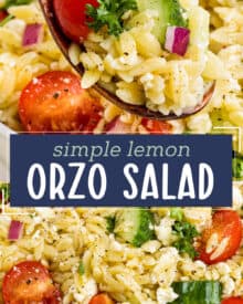This light and easy to make lemon orzo salad is the perfect make-ahead pasta salad. Made with a tangy and slightly sweet lemon vinaigrette, this side dish is full of fresh produce like cucumbers and cherry tomatoes and packed with bold, yet simple flavors.