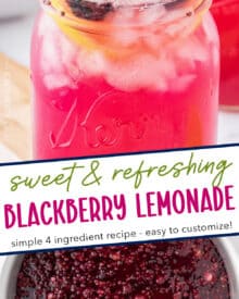 Cool down with the ultimate summer drink... blackberry lemonade!  Homemade blackberry syrup is mixed with refreshing lemonade, then topped off with a sugared rim and a few garnishes. Plus, it's made with only 4 ingredients (including water)!