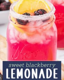Cool down with the ultimate summer drink... blackberry lemonade!  Homemade blackberry syrup is mixed with refreshing lemonade, then topped off with a sugared rim and a few garnishes. Plus, it's made with only 4 ingredients (including water)!