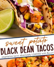 These spiced sweet potato and black bean tacos are topped with an incredible honey lime crema, and are sure to make even non-vegetarians fall in love with meatless meals! #meatlessmonday