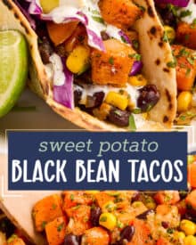 These spiced sweet potato and black bean tacos are topped with an incredible honey lime crema, and are sure to make even non-vegetarians fall in love with meatless meals! #meatlessmonday