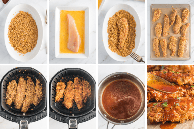 step by step photos of how to make air fryer chicken tenders with hot honey.