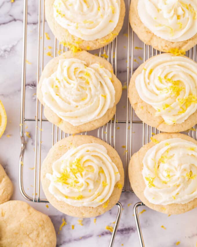 overhead photo of lemon sugar cookies on metal cooling rack.