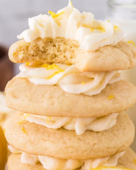 These lemon sugar cookies are soft and tender, topped with a silky lemon buttercream and sprinkled with lemon zest. They're the perfect summer dessert!