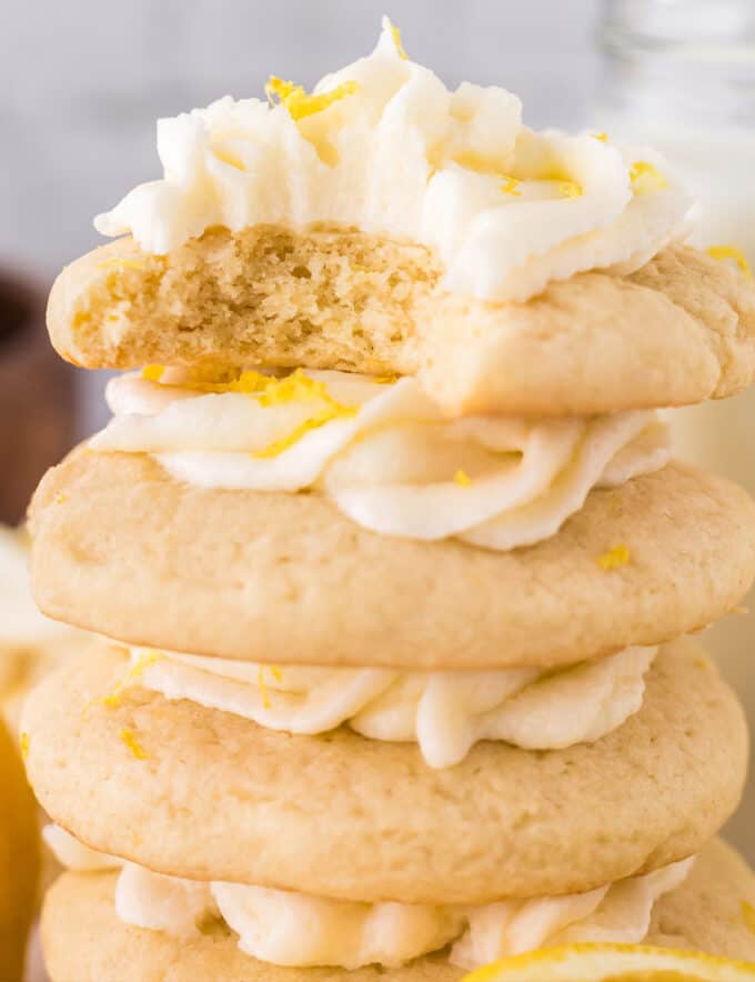 These lemon sugar cookies are soft and tender, topped with a silky lemon buttercream and sprinkled with lemon zest. They're the perfect summer dessert!