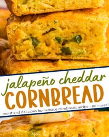 This homemade cornbread (no mixes here), is moist and full of great jalapeño cheddar flavor! Perfect on its own, drizzled with some honey, or alongside some spicy chili!