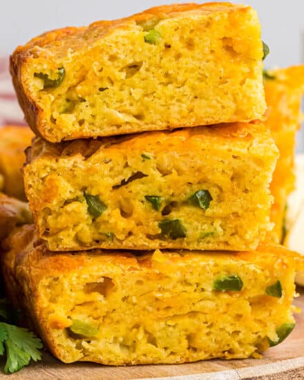 This homemade cornbread (no mixes here), is moist and full of great jalapeño cheddar flavor! Perfect on its own, drizzled with some honey, or alongside some spicy chili!