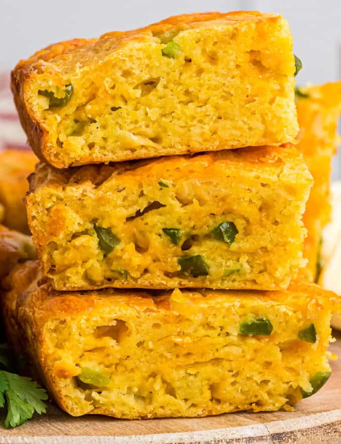 This homemade cornbread (no mixes here), is moist and full of great jalapeño cheddar flavor! Perfect on its own, drizzled with some honey, or alongside some spicy chili!