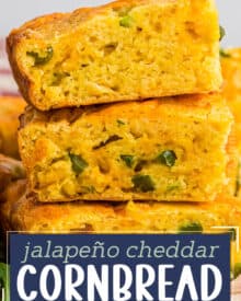 This homemade cornbread (no mixes here), is moist and full of great jalapeño cheddar flavor! Perfect on its own, drizzled with some honey, or alongside some spicy chili!