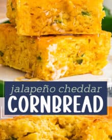 This homemade cornbread (no mixes here), is moist and full of great jalapeño cheddar flavor! Perfect on its own, drizzled with some honey, or alongside some spicy chili!