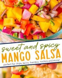 This fresh salsa is made with juicy ripe mangos, spicy jalapeño peppers, crisp red onion, and more! Mango salsa is the perfect accompaniment to your seafood, chicken, or pork tacos!