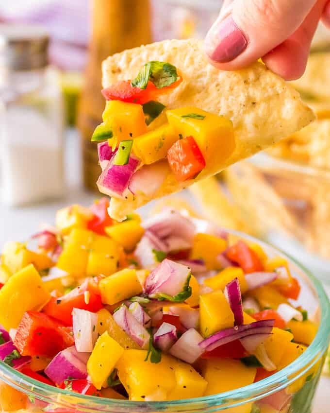 mango salsa on a tortilla chip being held above a bowl of salsa.