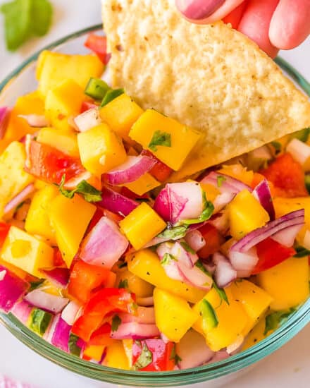 This fresh salsa is made with juicy ripe mangos, spicy jalapeño peppers, crisp red onion, and more! Mango salsa is the perfect accompaniment to your seafood, chicken, or pork tacos!