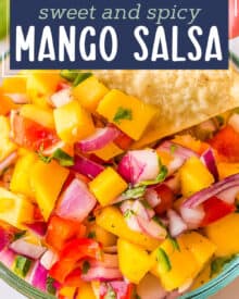 This fresh salsa is made with juicy ripe mangos, spicy jalapeño peppers, crisp red onion, and more! Mango salsa is the perfect accompaniment to your seafood, chicken, or pork tacos!