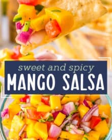 This fresh salsa is made with juicy ripe mangos, spicy jalapeño peppers, crisp red onion, and more! Mango salsa is the perfect accompaniment to your seafood, chicken, or pork tacos!