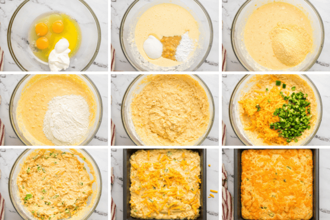 step by step photos of how to make cornbread with jalapeno and cheddar cheese