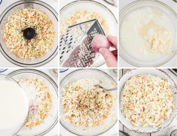 step by step photo collage of how to make copycat kfc coleslaw 