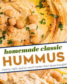 This homemade hummus recipe is creamy, light, and much better than store-bought. Using canned chickpeas eliminates the need for any soaking or peeling, so you can dip your pita chips or vegetables in this delicious dip in no time!