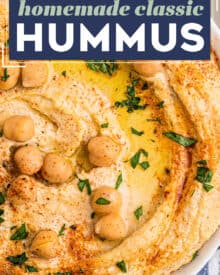 This homemade hummus recipe is creamy, light, and much better than store-bought. Using canned chickpeas eliminates the need for any soaking or peeling, so you can dip your pita chips or vegetables in this delicious dip in no time!