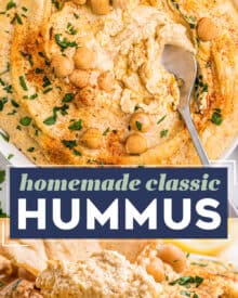 This homemade hummus recipe is creamy, light, and much better than store-bought. Using canned chickpeas eliminates the need for any soaking or peeling, so you can dip your pita chips or vegetables in this delicious dip in no time!