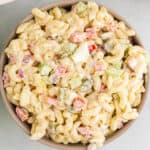 overhead photo of macaroni salad in a bowl