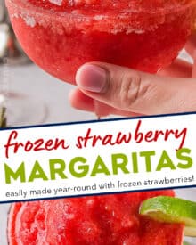 These Frozen Strawberry Margaritas are made with just a handful of ingredients, and made easily in a food processor or blender! Perfect for a hot summer day, this recipe includes not only the boozy classic version, but also a "virgin" mocktail version.