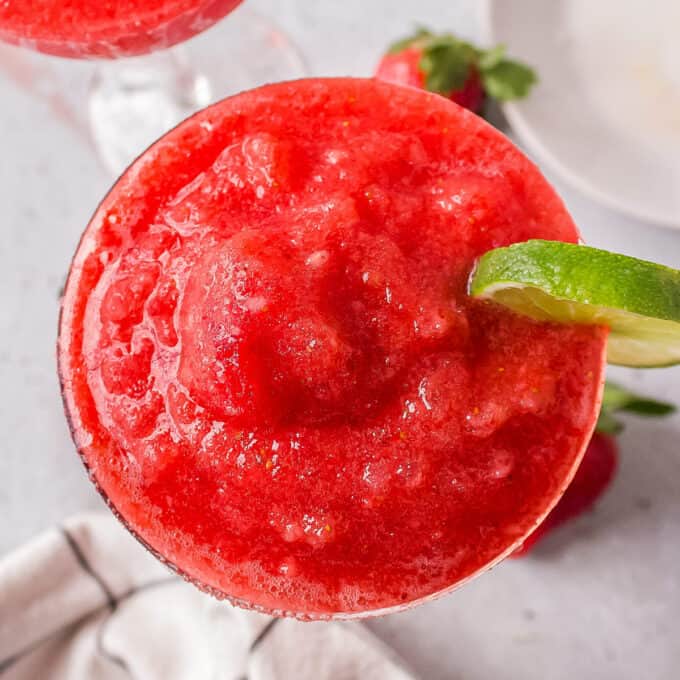 overhead photo of strawberry margaritas