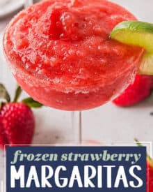 These Frozen Strawberry Margaritas are made with just a handful of ingredients, and made easily in a food processor or blender! Perfect for a hot summer day, this recipe includes not only the boozy classic version, but also a "virgin" mocktail version.