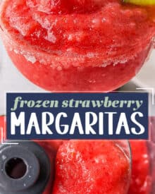 These Frozen Strawberry Margaritas are made with just a handful of ingredients, and made easily in a food processor or blender! Perfect for a hot summer day, this recipe includes not only the boozy classic version, but also a "virgin" mocktail version.