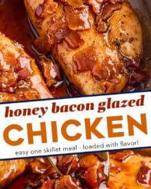 Juicy marinated chicken is packed with flavor and smothered in a mouthwatering spicy honey bacon glaze. Made in one skillet, the glaze can be made ahead of time, and you can absolutely control the heat level!