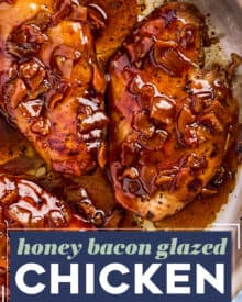 Juicy marinated chicken is packed with flavor and smothered in a mouthwatering spicy honey bacon glaze. Made in one skillet, the glaze can be made ahead of time, and you can absolutely control the heat level!