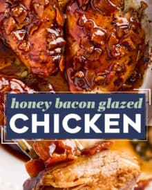 Juicy marinated chicken is packed with flavor and smothered in a mouthwatering spicy honey bacon glaze. Made in one skillet, the glaze can be made ahead of time, and you can absolutely control the heat level!