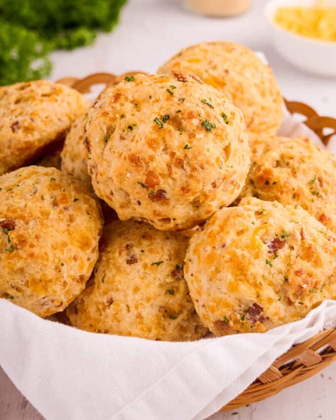 basket of bacon cheddar biscuits.