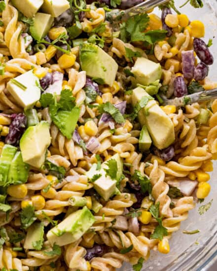 All of the bold flavors of Mexican street corn, but in a delicious chilled pasta salad! Perfect for summer cookouts and potlucks, and super easy to customize to your tastes.