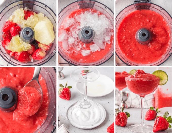 step by step photo collage of how to make strawberry margaritas.