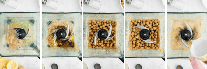 step by step photo collage of how to make homemade hummus.