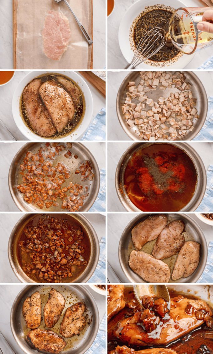 step by step photo collage of how to make bacon glazed chicken.