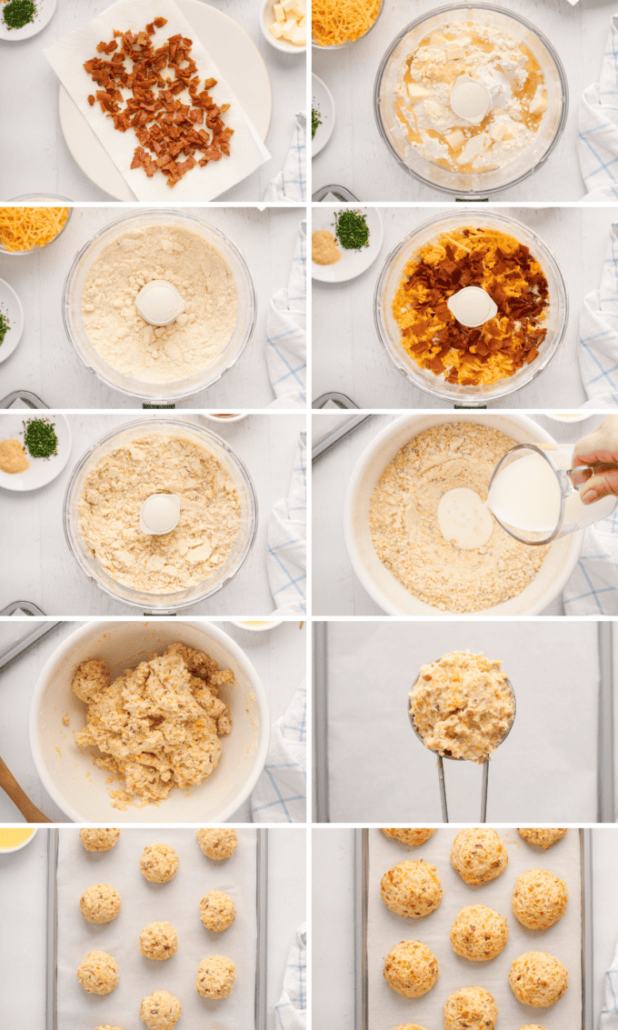 step by step photo collage of how to make maple bacon cheddar biscuits.