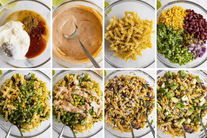 step by step photos of how to make mexican street corn pasta salad.