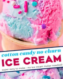 Rich and creamy ice cream is flavored with cotton candy extract, and dyed vibrant "cotton candy style" colors, for a fun summer dessert. This frozen treat is so simple to make, and no ice cream maker is required!