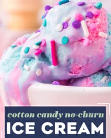 Rich and creamy ice cream is flavored with cotton candy extract, and dyed vibrant "cotton candy style" colors, for a fun summer dessert. This frozen treat is so simple to make, and no ice cream maker is required!